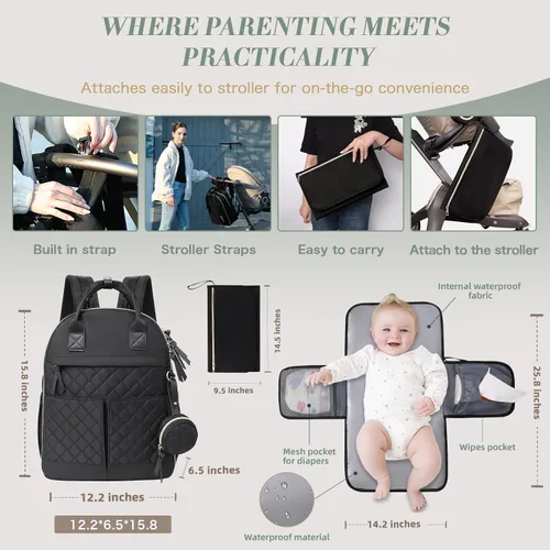 Vista 4 de Mochila para pañales con cambiador, bolsas de maternidad grandes para recién nacidos, 18 bolsillos, bolsillos aislados, correas para cochecito, Negro