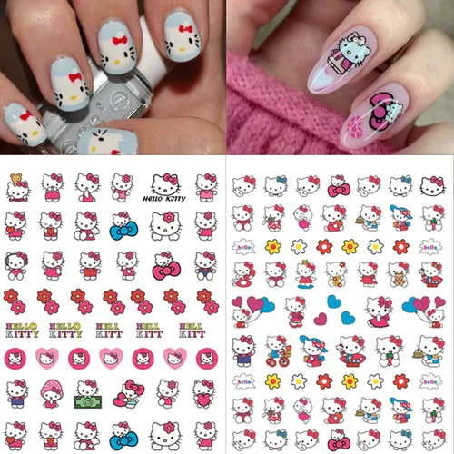 Vista 2 de Calcomanías de uñas bonitas, 8 hojas de calcomanías de uñas de dibujos animados kawaii 3D, autoadhesivas, diseño de gato, dijes de uñas acrílicas