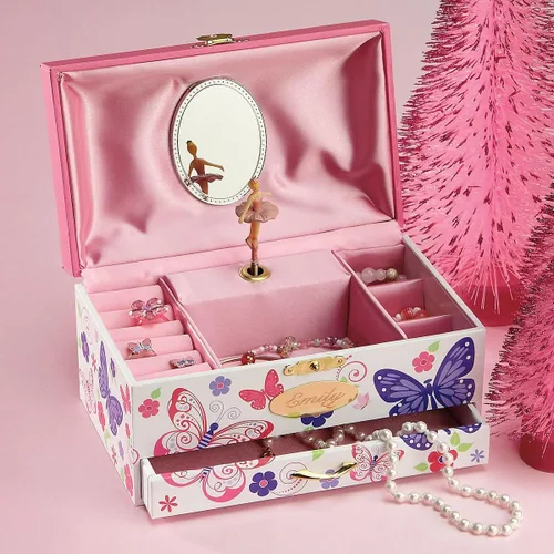 Vista 2 de Caja de música floral de mariposa caja de joyería para niñas forrada en satén rosa fuerte bailarina