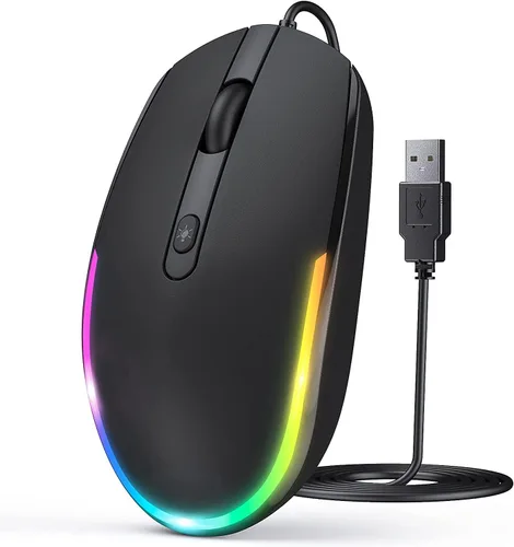 Vista 8 de Seenda Ratón con cable, mouse LED RGB retroiluminado con cable USB de 4.9 ft, 1600 DPI silencioso ergonómico portátil para computadora portátil