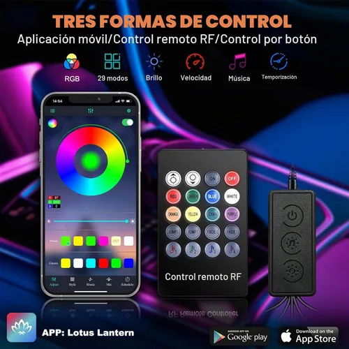 Vista 3 de Jushope - Luces LED para automóvil, luces interiores con control inalámbrico por aplicación/control remoto RF/botón, kit de iluminación ambiental