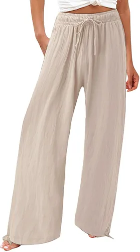 Vista 39 de SHAOBGE Pantalones palazzo de verano para mujer, cintura alta, pierna ancha, casual, cintura elástica, pantalones de playa con bolsillos