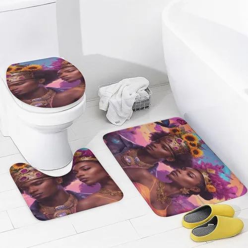 Vista 3 de Juego de 3 alfombras y tapetes de baño, diseño de amor romántico afro, negro, King, Queen, antideslizante, American Couplebut, lavable a máquina