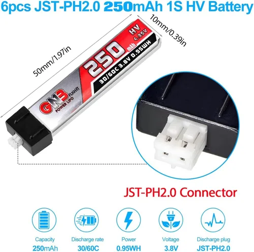 Vista 2 de 6pcs 250mAh 1S Batería 3.8V LiHV 30C/60C JST-PH2.0 Conector LiPo Batería para Emax Tinyhawk, Mobula7 FPV Racing Drone