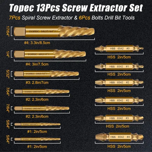 Vista 2 de TOPEC Juego de Extractor de Tornillos Pequeños, 13 Piezas Herramienta de Extracción de Tornillos Dañados, Kit HSS 6542 Easy Out para Sujetadores