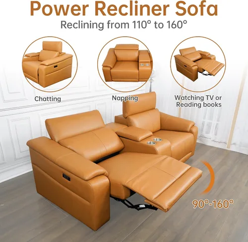 Vista 4 de Sofá reclinable eléctrico de dos plazas, sofá modular reclinable con reposacabezas ajustable y reclinable eléctrico, cuero transpirable con consola