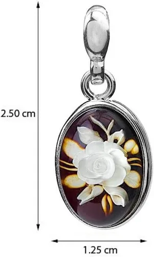 Vista 2 de Colgante de ámbar báltico y plata de ley Camafeo con flor ovalada extremadamente pequeña, Ámbar, Ámbar