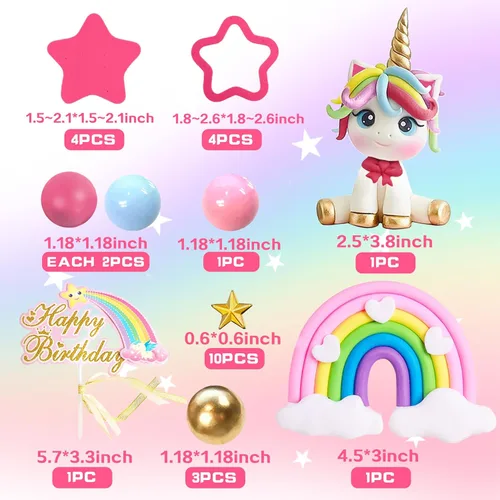 Vista 2 de 29 adornos para tartas de unicornio, decoración de pastel de arcoíris con estrellas arco iris, bolas de unicornio, decoraciones de pastel de feliz