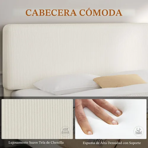 Vista 5 de Yaheetech Estructuras de Cama Individual con Cabecera Ajustable, Cabecera Tapizada de Tela de Chenilla/Cama de Plataforma, Estructura de Cama