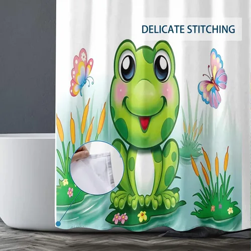 Vista 3 de Juego de 4 cortinas de ducha con diseño de rana divertida color verde con tapete de baño, diseño de rana en hojas, tapete de baño para niños, tapete