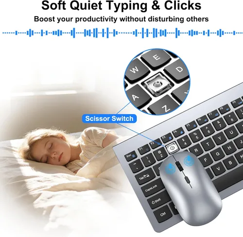 Vista 2 de Combo de teclado y mouse inalámbricos, teclado de diseño ultra delgado de tamaño completo y mouse óptico ajustable de 3 DPI, modo de suspensión
