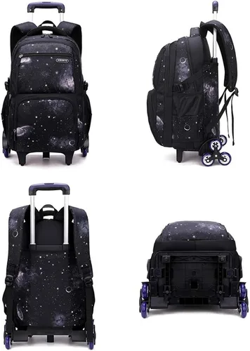 Vista 3 de Mochila escolar con ruedas con estampado de galaxia para niños primarios, negro, azul, 3Pcs Rolling Backpack Set, Portátil