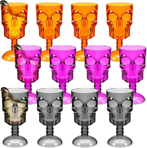 Vista 8 de Bokon Juego de 12 copas de Halloween, copas de calavera, decoración de mesa gótica, copa de vino de plástico, suministros para fiesta de Halloween