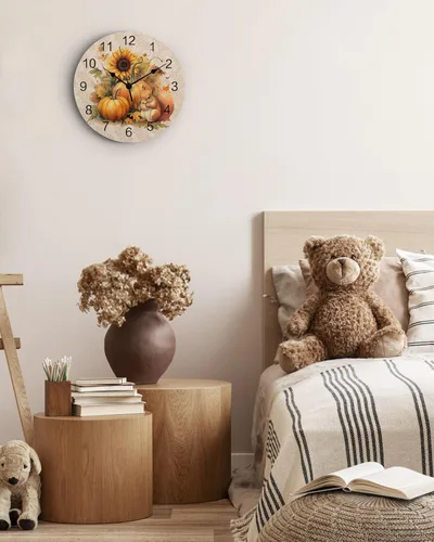 Vista 5 de Reloj de pared silencioso de PVC de 10 pulgadas, redondo, con girasol, calabaza, otoño, Acción de Gracias, reloj colgante para cocina, sin tictac