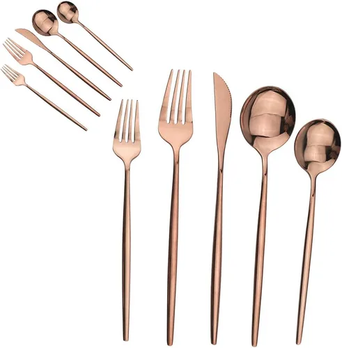 Vista 8 de Juego de cubiertos de 10 piezas – Utensilios de acero inoxidable 304 negro, tenedores, cucharas, cuchillos – Cubertería pulido espejo para 2