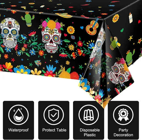 Vista 3 de Irenare Mantel de plástico con diseño de Día de los Muertos, diseño de calavera de azúcar, desechable, rectangular, para Halloween, cumpleaños Negro