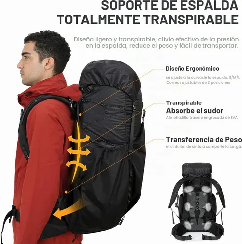 Vista 3 de IX INOXTO 55L Mochila con armazón interno resistente al agua para senderismo y camping con vejiga de agua de 3L y cubierta contra la lluvia, mochila