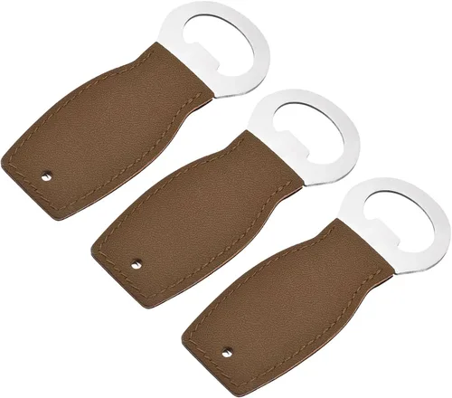 Vista 7 de uxcell Abrebotellas, 1 abridor de botellas de cerveza de acero inoxidable de 4 pulgadas con mango de cuero, abridor de cerveza plano para barman