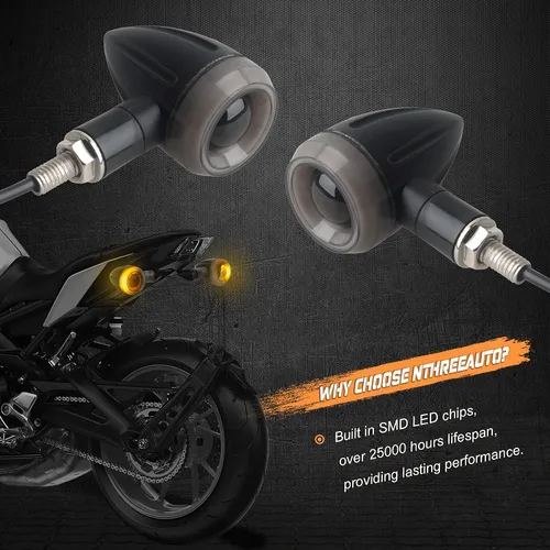 Vista 4 de NTHREEAUTO Luces intermitentes secuenciales LED para motocicleta, intermitentes universales tipo bala compatibles con Harley Honda Kawasaki Yamaha