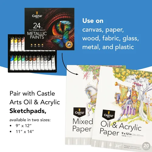 Vista 8 de Castle Art Supplies Juego de 24 tubos acrílicos metálicos Fórmula mejorada 24 tubos de 0.47 onzas líquidas para artistas adultos, principiantes