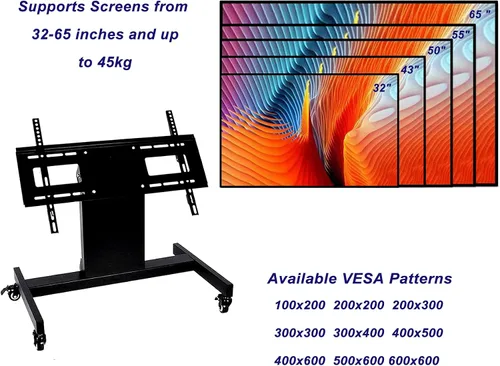 Vista 2 de Soporte de TV rodante, carrito de TV móvil, carrito de monitor de confianza de piso de bajo perfil para pantalla de 32 a 75 pulgadas, altura
