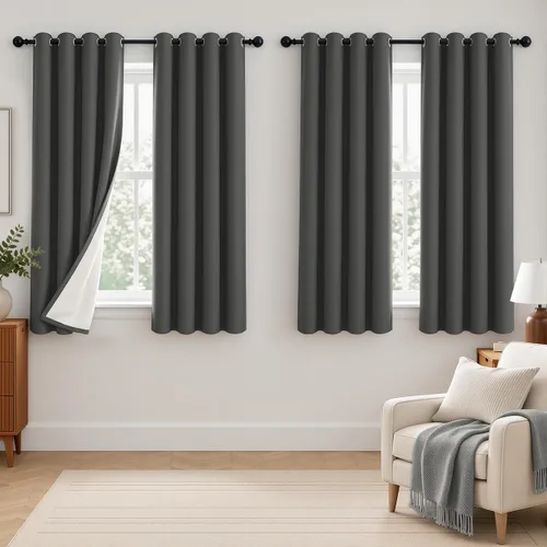Vista 95 de 2 paneles de cortinas 100% opacas, de peso medio, con aislamiento térmico y ojales para dormitorio, sala de estar, tratamiento de ventana