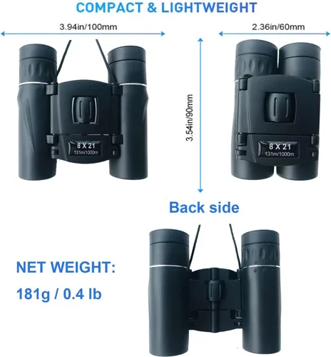 Vista 3 de Binoculares compactos de 8 x 21 para adultos y adolescentes, mini prismáticos ópticos completos pequeños para observación de aves, ópera, Negro