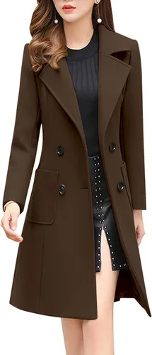 Vista 17 de chouyatou - Abrigo elegante cruzado de mezcla de lana para mujer, cuello con doble solapa de muesca Verde militar