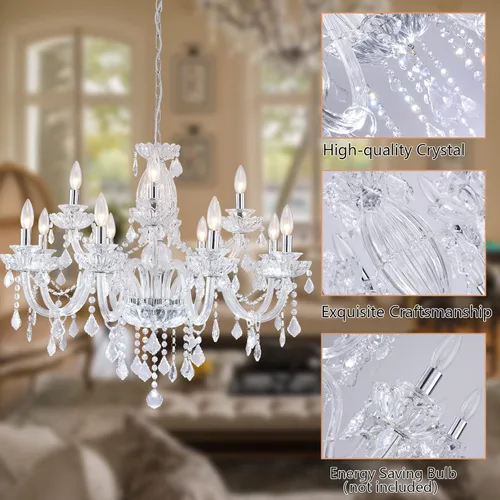 Vista 2 de Maxax Candelabro de cristal de 18 luces, moderna lámpara colgante colgante con gotas de lluvia, iluminación de techo ajustable de cadena, base E12