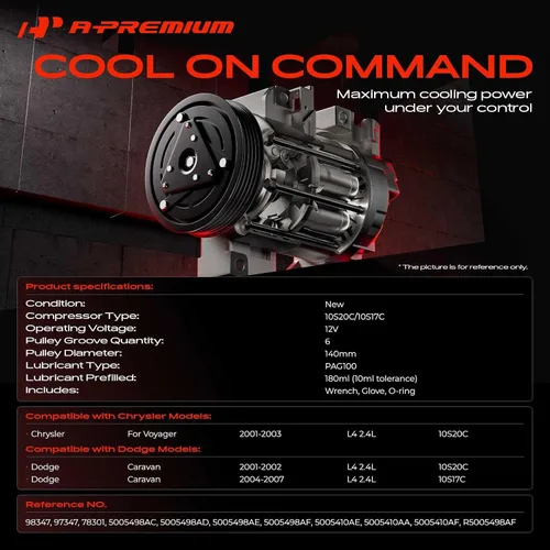 Vista 2 de A-Premium Compresor de CA con embrague compatible con Dodge & Chrysler Dodge Caravan 2001-2002 2004-2007, Chrysler Voyager 2001-2003, solo