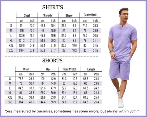 Vista 6 de COOFANDY Conjunto de 2 piezas de lino para hombre, camisas Henley casuales de manga corta, pantalones cortos de yoga para la playa, pantalones