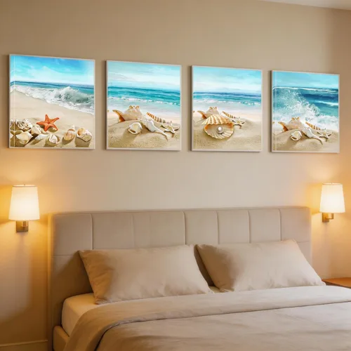 Vista 5 de Sandy Beach Shells - Lienzo con diseño de estrellas de mar y conchas de playa, arte de pared moderno, enmarcado para decoración de oficina en casa