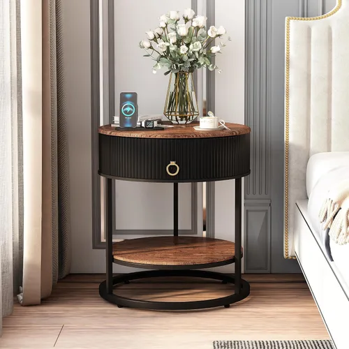 Vista 9 de OIOG - Mesa auxiliar redonda con cajón, mesa auxiliar moderna de madera con estante, mesa de noche de 2 niveles con cajón para sala de estar Negro