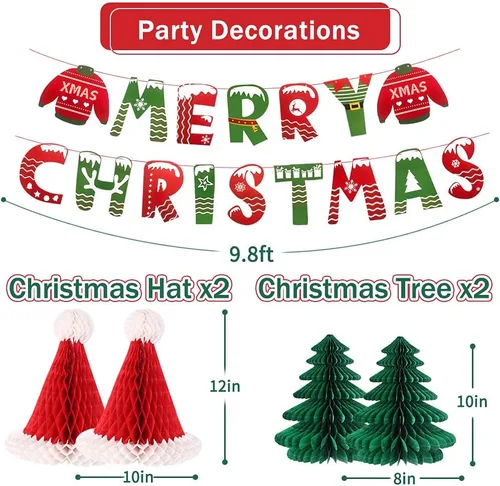 Vista 3 de Decoraciones de fiesta de Navidad, pancarta de Feliz Navidad, panal de abeja, sombreros de Papá Noel, árboles, copos de nieve, abanicos de papel