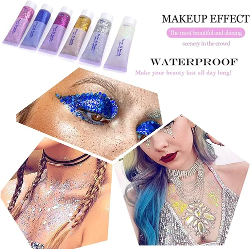 Vista 6 de Brillantina para la cara azul, traje de neón brillante, para fiesta, lentejuelas holográficas, maquillaje en gel con purpurina corporal (01# azul)