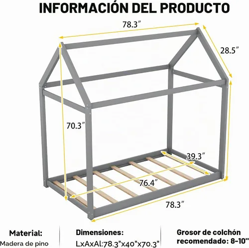 Vista 2 de Merax Cama de casa de madera, cama de piso con listones de madera, no necesita somier, tamaño individual, gris