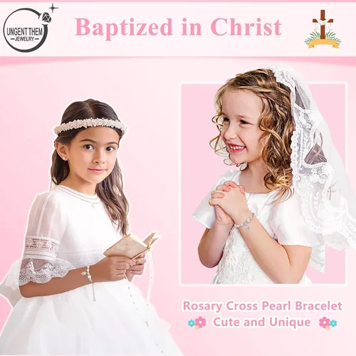 Vista 4 de UNGENT THEM Pulsera de perlas con cruz de rosario, bautismo, comunión, confirmación católica, regalos de Pascua para niñas, nieta, hija, sobrina