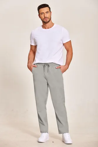 Vista 3 de COOFANDY Pantalones casuales con cordón para hombre, ajuste regular, cintura elástica, algodón básico, pierna recta, pantalones cargo