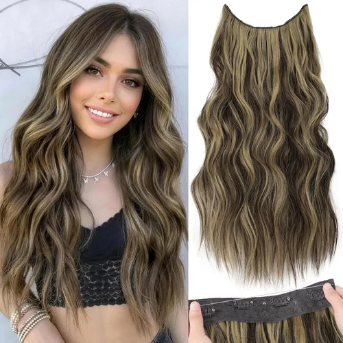Vista 45 de KooKaStyle - Extensiones de cabello con hilo invisible, diadema transparente, ajustables, 4 clips fijadores, cabello largo y ondulado de 12
