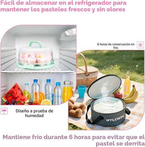 Vista 7 de Porta pasteles con tapa y asa, soporte para pasteles sin BPA con tapa para portador de pasteles redondo de 10 pulgadas con 10 tableros redondos