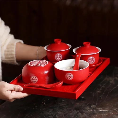 Vista 7 de GVILTY Suministros de decoración de boda tradicionales chinos Juego de té de porcelana de felicidad doble palillos de cuenco de regalo, Juego de té