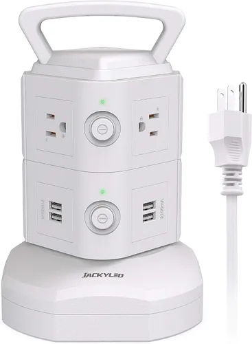 Vista 13 de Regleta de alimentación con protector de sobretensión de torre, JACKYLED 16 tomas 6 USB (2 USB C) estación de carga, cable de extensión con Negro