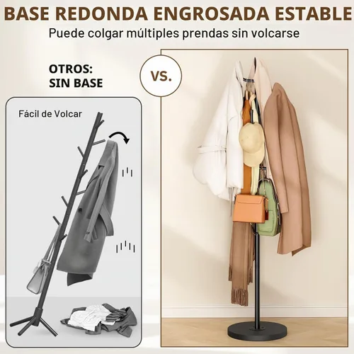 Vista 2 de MISSLO Perchero resistente independiente de 4 tamaños ajustables con base de madera estable, soporte de pie con 6 ganchos para colgar ropa, árbol