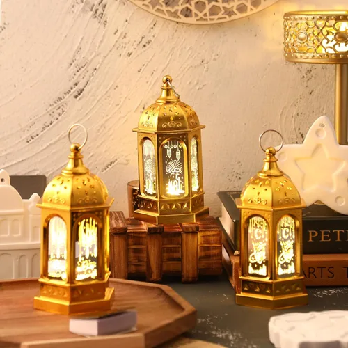 Vista 4 de Threan 2 faroles de Ramadán con luces LED mini Eid Mubarak, decoraciones de Ramadán para el hogar, mesa, pared, centros de mesa y decoración