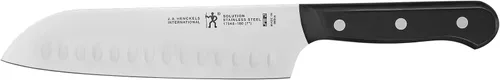 Vista 8 de HENCKELS Solution - Cuchillo Santoku de borde hueco afilado de 5 pulgadas, diseño alemán informado por más de 100 años de maestría, negro/acero
