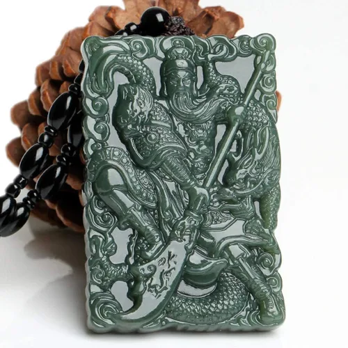 Vista 4 de Collares de mujer Collares de hombre Natural Tallado a mano Verde Jade Wu Dios de la riqueza Guan Dragón Guan Yu Guan Gong Guan Yu Collar Masculino
