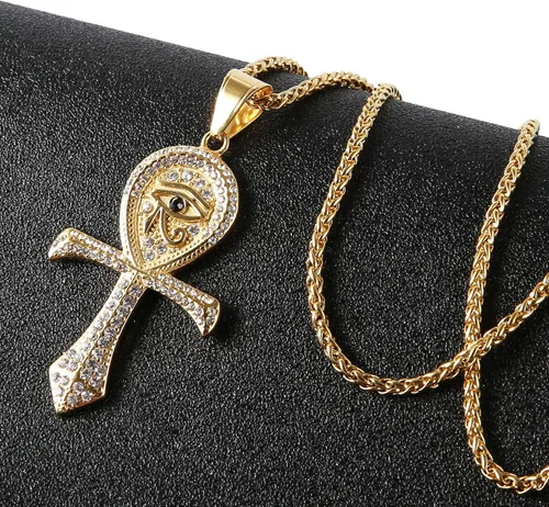 Vista 4 de HZMAN Collar religioso de acero inoxidable con dije de protección de ojo de Horus Egipto con cruz copta Ankh, Zirconia cúbica