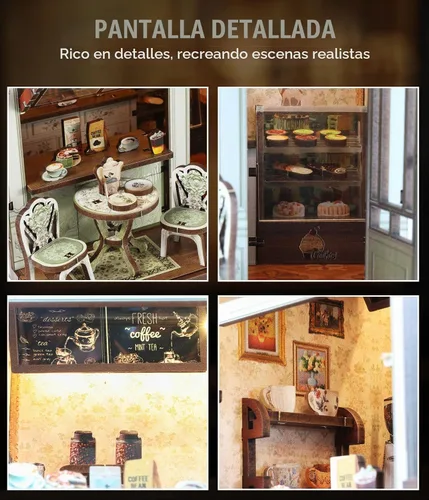 Vista 4 de Kit de rincón de libros DIY Cafetería Casa en miniatura Rompecabezas de madera 3D con luz LED, decoración de estantería pequeña kit de construcción