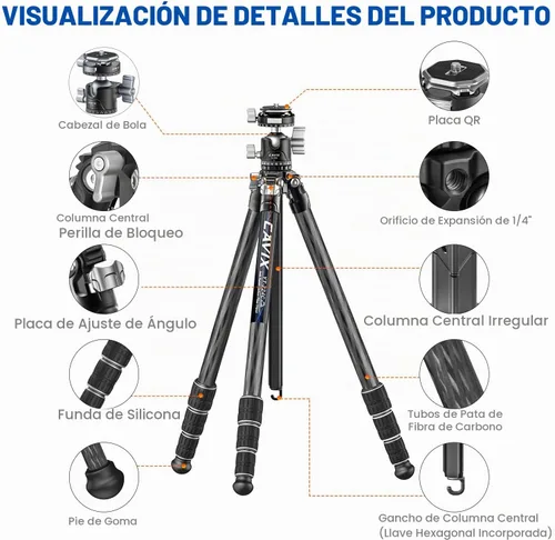 Vista 3 de CAVIX Trípode de fibra de carbono de 57 pulgadas/57.1 in, trípode ligero para cámara, cabezal de bola de trípode panorámico de 360°, placa QR Arca