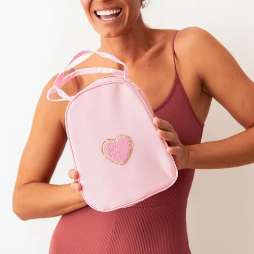 Vista 6 de Fablinks Preppy - Lonchera rosa para mujer, reutilizable, aislada, de nailon, para el trabajo, bonita lonchera compacta con parche de corazón